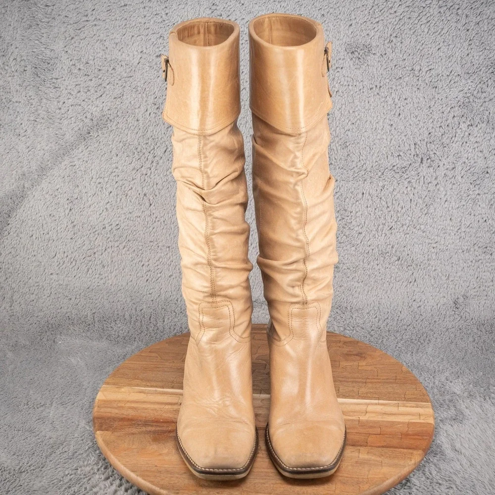 VIA‎ SPIGA Taupe Distressed Ruched Leather Calf High Boots Size 7.5 M